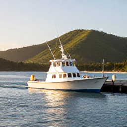 Caribbean Holidays, January Fishing, A small sport-fishing boat leaving a sheltered Caribbean harbour at sunrise, with Saint Lucia's green hills in the background