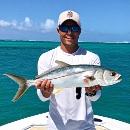 Caribbean Holidays, January Fishing, A smiling holiday angler holding a freshly caught fish on a Caribbean boat with turquoise sea behind