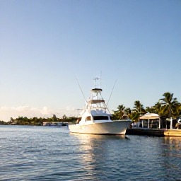 Caribbean Holidays, January Fishing, A sport fishing boat leaving a sunny Dominican Republic marina at dawn, calm Caribbean water, palm trees and clear blue sky