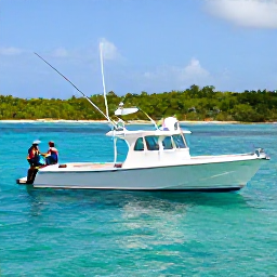 Caribbean Holidays, January Fishing, A sport fishing boat travelling across clear Caribbean water near Trinidad, with anglers preparing rods and distant green coastline