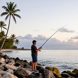 Caribbean Holidays, January Fishing, Angler casting from a rocky Puerto Rico shoreline at sunrise, palm trees and calm sea in the background