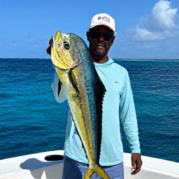 Caribbean Holidays, January Fishing, Angler holding a freshly caught mahi-mahi beside a local fishing guide on a Dominica charter boat, tropical sea behind them
