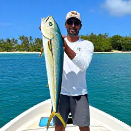 Caribbean Holidays, January Fishing, Angler holding a freshly caught mahi-mahi beside a small fishing boat in Tobago, with turquoise sea and tropical shoreline behind