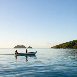 Caribbean Holidays, January Fishing, Angler on a small boat at sunrise off St Thomas in the United States Virgin Islands, calm turquoise sea and distant green islands