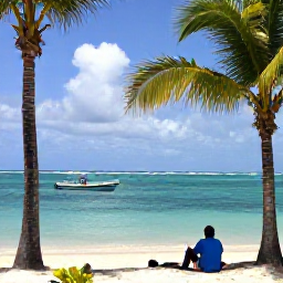Caribbean Holidays, January Fishing, Angler relaxing beside a calm Bahamian beach after a fishing trip, with palm trees, clear water and a small boat offshore