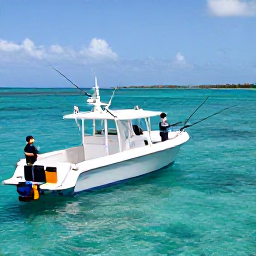 Caribbean Holidays, January Fishing, Anglers casting lines from a modern charter boat in clear Caribbean water, with fishing rods, tackle and distant islands visible