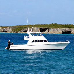 Caribbean Holidays, January Fishing, Anglers deep-sea fishing from a modern boat in clear blue Caribbean water with a rugged island coastline in the distance
