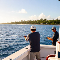 Caribbean Holidays, January Fishing, Anglers enjoying a deep-sea fishing trip off the Dominican Republic, tropical coastline in the distance and bright morning sunlight