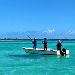Caribbean Holidays, January Fishing, Anglers enjoying a morning fishing charter near Grand Turk, with rods bent over clear turquoise water and low green islands in the background