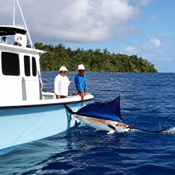 Caribbean Holidays, January Fishing, Anglers fighting a large sailfish from a modern fishing boat off Trinidad, blue sea and dramatic tropical coastline in the distance