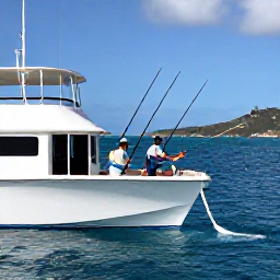 Caribbean Holidays, January Fishing, Anglers fishing from a modern charter boat in deep blue Caribbean water, rods bending as a fish strikes, Saint Martin coastline in the distance