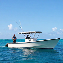 Caribbean Holidays, January Fishing, Anglers fishing from a small boat on calm turquoise water off Grand Cayman in bright January sunshine
