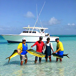 Caribbean Holidays, January Fishing, Anglers landing a bright mahi-mahi beside a fishing charter boat on clear Caribbean water near Turks and Caicos