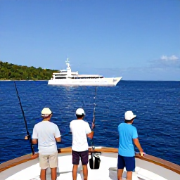 Caribbean Holidays, January Fishing, Anglers on a modern charter boat surrounded by deep blue Caribbean water, preparing fishing rods near Saint Lucia