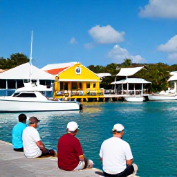 Caribbean Holidays, January Fishing, Anglers relaxing at a colourful Saint Barth&eacute;lemy harbour after a January fishing trip, with boats and waterfront caf&eacute;s nearby