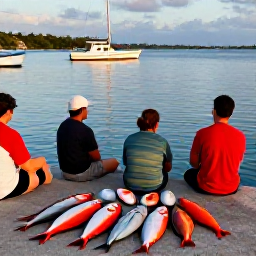 Caribbean Holidays, January Fishing, Anglers relaxing beside a colourful catch at a quiet Grenadine marina in late afternoon, with boats and calm Caribbean sea in the background