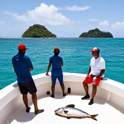 Caribbean Holidays, January Fishing, Anglers relaxing on a charter boat after fishing, with a fresh catch, sparkling sea and green Caribbean islands in the distance