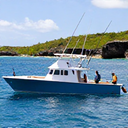 Caribbean Holidays, January Fishing, Anglers relaxing on a modern fishing charter boat near St John, with rods ready, sparkling blue water and rugged tropical coastline