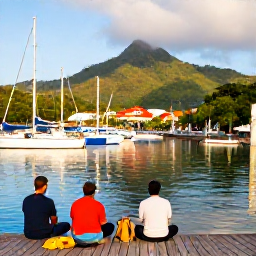 Caribbean Holidays, January Fishing, Anglers returning to a colourful Saint Lucia marina in the afternoon, with tropical hills and calm water behind them