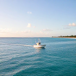 Caribbean Holidays, January Fishing, Bright January morning over turquoise Bahamian water, with a small fishing boat heading towards calm flats