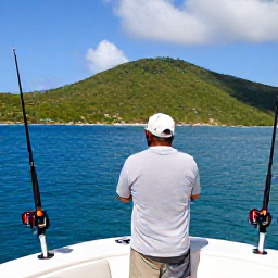 Caribbean Holidays, January Fishing, Experienced Caribbean fishing captain steering a charter boat past the green hills of St Thomas, with rods and reels visible in the foreground