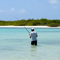 Caribbean Holidays, January Fishing, Fly fisherman wading quietly across a shallow turquoise flat in The Bahamas, with a guide nearby and mangroves in the distance
