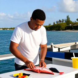 Caribbean Holidays, January Fishing, Freshly caught Caribbean fish being prepared at a simple seaside setting on Grand Cayman during a sunny holiday afternoon