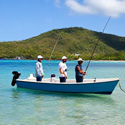 Caribbean Holidays, January Fishing, Friendly anglers enjoying a fishing charter beside Saint Kitts, with rods bent over clear water and tropical hills behind them
