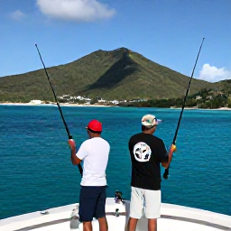 Caribbean Holidays, January Fishing, Friendly anglers fishing from a charter boat near Saint Barth&eacute;lemy, with rods, bright sea and green island hills in the background