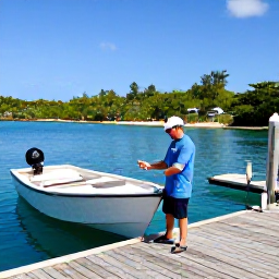 Caribbean Holidays, January Fishing, Friendly Bahamian fishing guide helping holidaymakers beside a small boat at a sunny island marina
