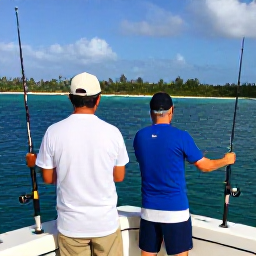 Caribbean Holidays, January Fishing, Friendly Barbados fishing crew helping holidaymakers on a charter boat, rods and tackle visible, tropical coastline in the distance