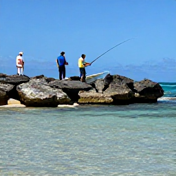 Caribbean Holidays, January Fishing, Friendly fishing guide helping visitors cast from a boat beside a rocky Caribbean shoreline, clear shallow water and sunny blue sky