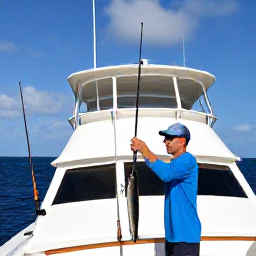 Caribbean Holidays, January Fishing, Friendly Grenadian fishing guide helping holidaymakers on a modern charter boat, rods and tackle visible, sunny Caribbean conditions