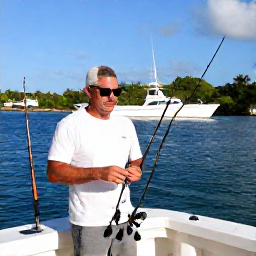 Caribbean Holidays, January Fishing, Friendly local fishing captain preparing rods and tackle on a modern boat in a Dominican Republic harbour