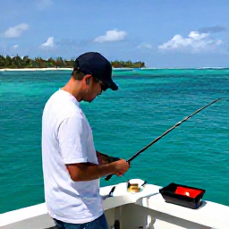 Caribbean Holidays, January Fishing, Friendly local fishing guide helping holidaymakers prepare tackle on a boat near Tobago, tropical coastline and clear turquoise water