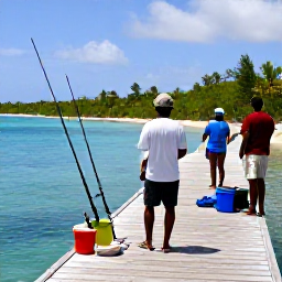Caribbean Holidays, January Fishing, Friendly local fishing guide speaking with holidaymakers on a shaded Caribbean jetty, rods and tackle nearby
