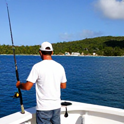 Caribbean Holidays, January Fishing, Friendly local fishing skipper helping holidaymakers on a Saint Lucia charter boat, with rods and sea views