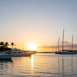 Caribbean Holidays, January Fishing, Golden sunset over a marina in Sint Maarten with fishing boats, palm trees and calm Caribbean water