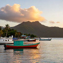 Caribbean Holidays, January Fishing, Quiet Dominica fishing harbour at sunset with colourful boats, palm trees and green mountains beyond