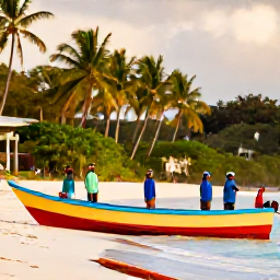 Caribbean Holidays, January Fishing, Relaxed anglers returning to shore in Tobago after a morning fishing trip, colourful boats, palm trees and warm afternoon light