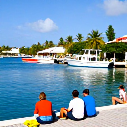 Caribbean Holidays, January Fishing, Relaxed holidaymakers returning to a Barbados marina after fishing, sunny waterfront, palm trees and colourful boats