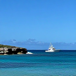 Caribbean Holidays, January Fishing, Sport fishing boat cruising past the rocky coastline of Saint Barth&eacute;lemy under a clear blue January sky