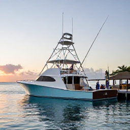 Caribbean Holidays, January Fishing, Sport fishing boat leaving a Trinidad marina at sunrise, calm Caribbean water and experienced anglers preparing rods