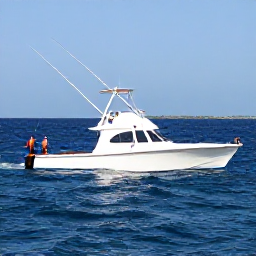 Caribbean Holidays, January Fishing, Sport fishing boat travelling across deep blue Bahamian sea, with anglers preparing rods and a distant island horizon