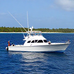 Caribbean Holidays, January Fishing, Sport fishing boat travelling across deep blue water off Grenada, anglers preparing rods and tropical coastline in the distance