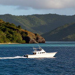 Caribbean Holidays, January Fishing, Sport fishing boat travelling along Dominica&rsquo;s rugged west coast, with forested hills, clear water and light morning waves