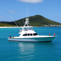 Caribbean Holidays, January Fishing, Sport fishing charter boat travelling across clear Caribbean water near St Thomas, with anglers preparing rods and lush islands in the background