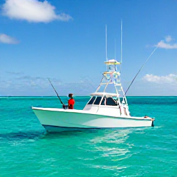 Caribbean Holidays, January Fishing, Sport fishing charter boat travelling across clear turquoise water off Puerto Rico, anglers preparing rods, sunny tropical day