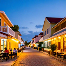 Caribbean Holidays, January Getaway, Colourful evening street in Philipsburg Sint Maarten with restaurants, boutique shops and warm Caribbean lights in January
