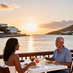 Caribbean Holidays, January Getaway, Couple dining at an elegant waterfront restaurant in Grand Case, Saint Martin, with local seafood and sunset light